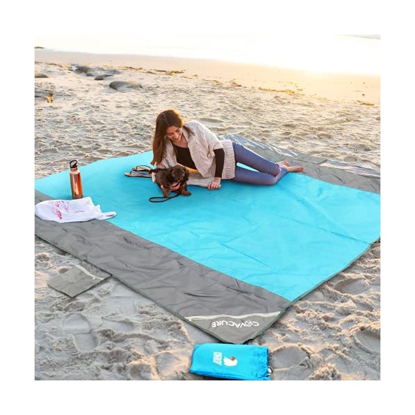 Covacure Beach Blanket Waterproof Sandproof 118”X 108"- Large Beach Blanket Sandproof Fits for 4-8 Adults, Waterproof Beach Mat with 6 Zipper Pocket, Outdoor Beach Mat for Travel, Camping, Hiking
