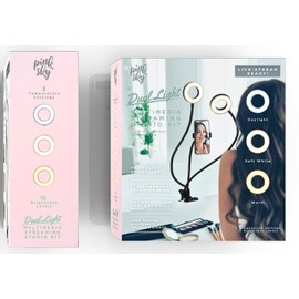 Pink Sky Mobile Phone Holder with Dual Ring Light, USB Powered Gooseneck Holder, 3 Temperature Settings, 10 Brightness Levels, Bright Desk Ring Light with Phone Holder, Universal Phone Holder