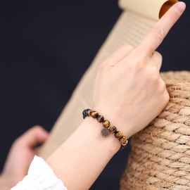 COAI Lotus Charm Black Tourmaline Tiger Eye Stone Womens Bracelet