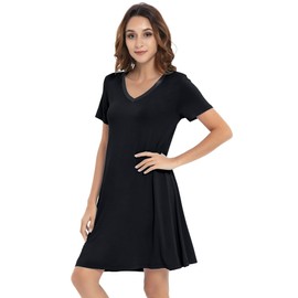 NACHILA Nightgowns for Women-Viscose Made from Bamboo, Soft Sleepshirts Short Sleeve Nightshirts Loose Sleepwear Black XL
