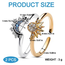 LIURFLNC Set of 2 Friendship Rings, Ring Set, Adjustable Open Sun Moon Ring Jewellery, Stackable Gold Silver Sun and Moon Dupes Rings Set for Couples Promise Matching, Cubic Zirconia, No Gemstone
