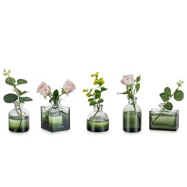 Glasseam - Jarrón de cristal verde: mini jarrones pequeños para centros de mesa, bonito juego de 5 jarrones pequeños para flores, centro de mesa, decoración de boda, fiesta, comedor