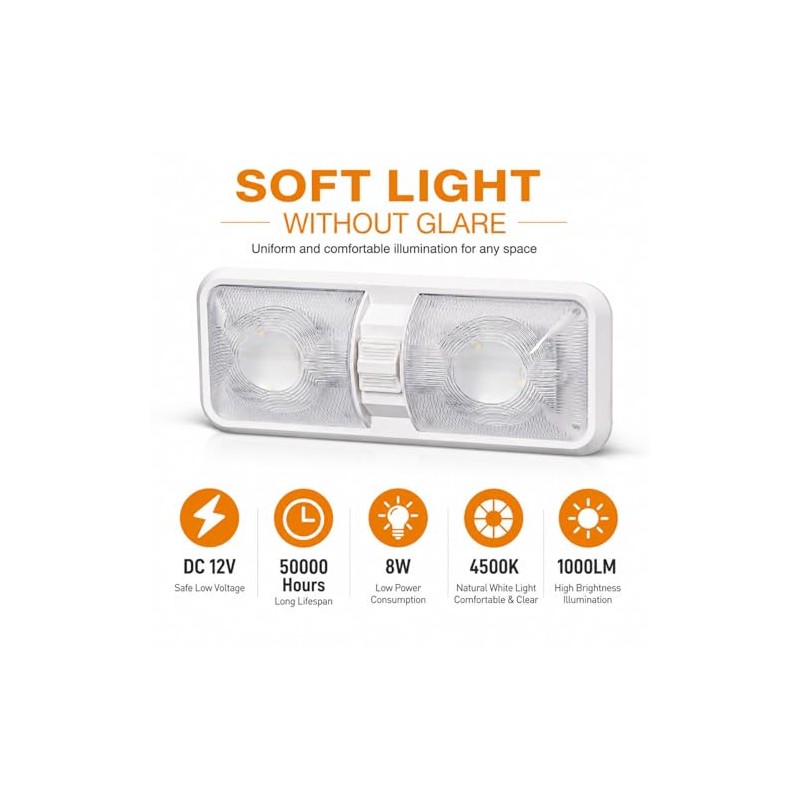RV LED Interior Lights DC 12V, 1000LM 8W Double Dome