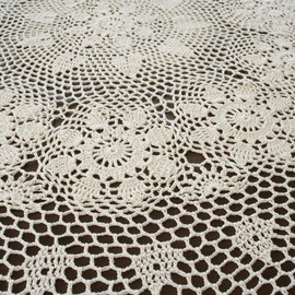 USTIDE Vintage Handmade Crochet Round Tablecloth 60-inch Beige Lace Table Overlays Floral Table Covers