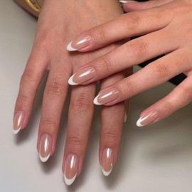 Chrome Press on Nails Medium Almond Fake Nails White French Tip False Nail Nude Glue on Nails Glossy Reusable Artificial Acrylic Full Cover Stick on Nail for Women Manicure 24Pcs