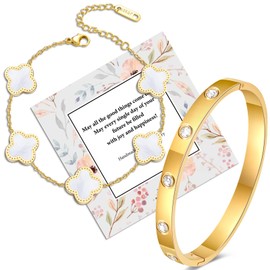 Pack of 2 Clover Leaf Bracelet Gold Women's 18 cm 18 K Gold-Plated Four Leaf Bracelet Clover Cubic Zirconia Bangle Gold Bracelets Women's Jewellery Gift for Women, Stainless Steel