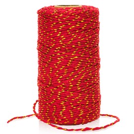 KINGLAKE Red Cotton Cord with Gold Cord, 100 m Bakers Twine Natural Cotton Yarn, 2 mm Craft Cord Cotton Cord Perfect for DIY Arts and Crafts Gardening - Red