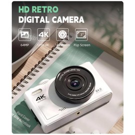 5K Digital Camera, 3 Inch Flip Screen 75MP UHD 18X Zoom Autofocus Retro Compact Camera, Portable Camera with Webcam Function, for Travel Photography Vlogging (White)