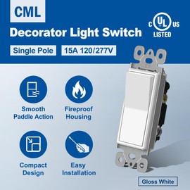 CML Decorator Paddle Rocker Light Switches, 15 Amp Single Pole Switch, 15A 120/277V, On/Off Interrupter, UL Listed, White, 100 Pack