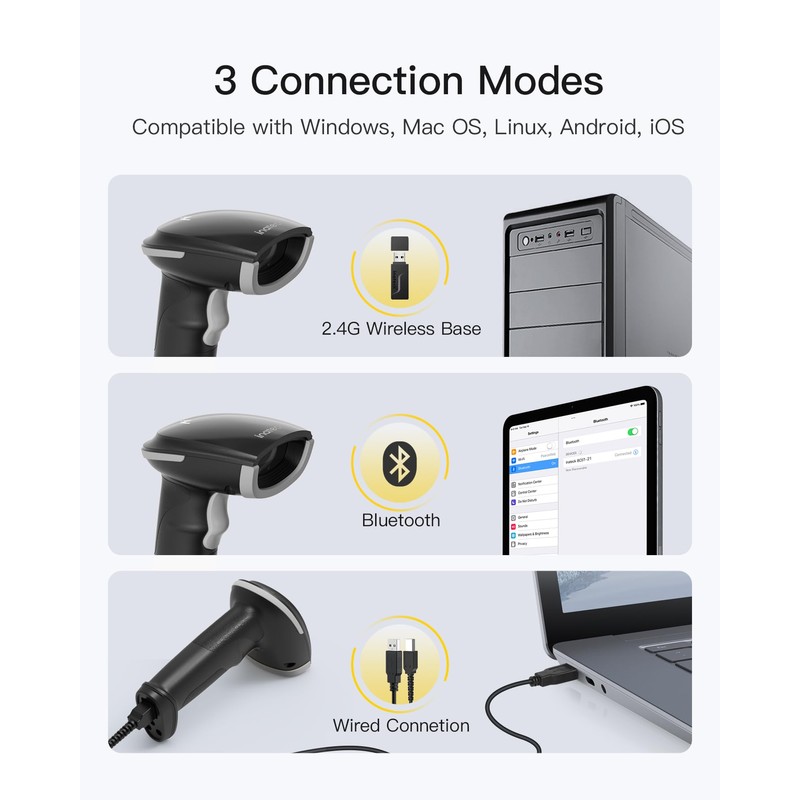 Inateck AI Barcode Scanner Bluetooth, 1D Handheld Scanner Wireless, Handheld