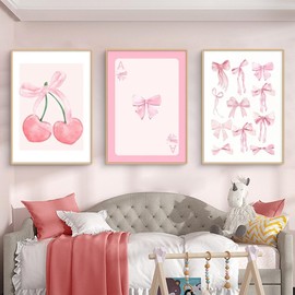 Viusneun Set of 3 Pink Poster Set, Aesthetic Pink Bow Tie, Cherry Wall Pictures, Canvas Picture Set for Dormitory, Teen Girls, Room Decoration, Without Frame (21 x 30 cm)