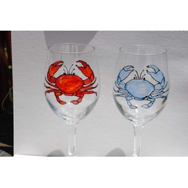 Blue and Red Crab Hand Painted Stemmed Wine Glasses Set of 2