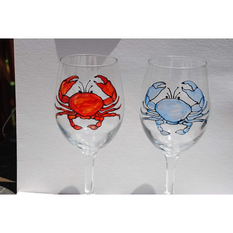 Blue and Red Crab Hand Painted Stemmed Wine Glasses Set