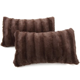 Cheer Collection Faux Fur Throw Pillows - Set of 2 Lumbar Couch Pillows - 12" x 20" - Chocolate