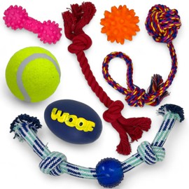 MIJOMA 7 Piece Dog Toy Set - Heavy Duty Fetch Toys with Squeaker for Small to Medium Dogs for Chewing, Tugging and Fetch