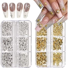2 Boxes Star Nail Charms for Nails Art 3D Gold Silver Star Nail Charms Metallic Studs Rhinestones Nail Jewelry Y2K Decorations Manicure Kit Nails Art Supplies for Women Acrylic Nail Accessories