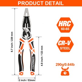 VANQUISH 10-in-1 Long Nose Pliers, 8‘’ Multipurpose Combination Pliers Wire Cutter/Crimper/Stripper, CRV Steel, Heavy Duty Side-Cutting Pliers for Crimping, Stripping, Shearing, Deburring, 3239