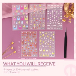 5 Sheets 5D Flower Nail Art Stickers with Tweezer Embossed Daisy Butterfly Pink White Nail Decals 3D Self Adhesive Floral Nail Supplies for French Tips Nail Design Women Girl Manicure Pegatinas Uñas