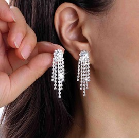 Dainty Wedding Long Rhinestone Earrings Silver Crystal Dangle Earrings Diamond Cubic Zirconia Bridal Drop Sparkly Tassel Cz Bride Stud Simple Shiny Formal Bridesmaid Statement Prom Party Jewelry Women