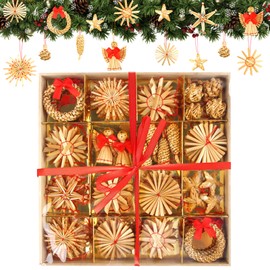 56-Piece Straw Star Set, CIYIN Christmas Tree Decorations, Straw Decoration, Straw Stars, Christmas Tree Decoration, Natural Straw Tree Decoration, Stars, Bells, Fir and Traditional Figures as