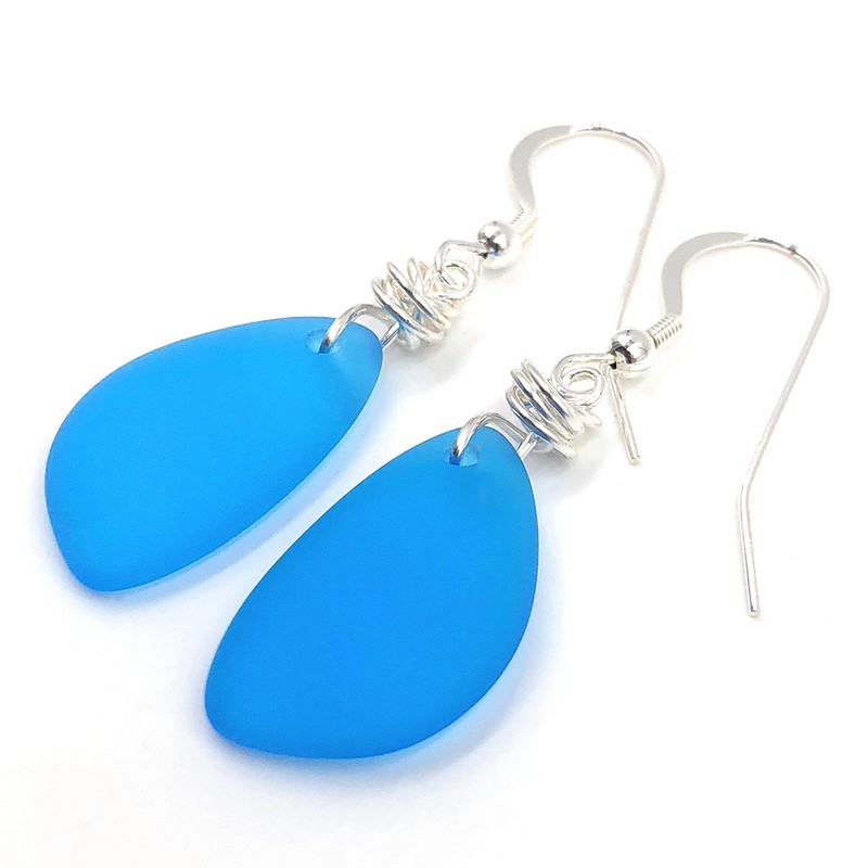 Popular Vivid Aqua Beach Sea Glass Earrings with Handmade Knot