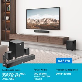 Acoustic Audio 5.1 Surround Sound Home Theater Sound Bar with Bluetooth, RCA, Optical, ARC, AUX, Wireless Subwoofer and Remote Control - AA5190 (Black)