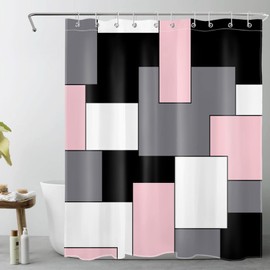 HVEST Modern Pink Shower Curtain with Hooks, Grey Black and White Abstract Geometric Shower Curtain for Bathroom, Mid Century Minimalist Shower Curtain Set Bathroom Decor Curtains, 60x72 inch