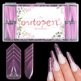 outopen 150pcs Long V Tapered Nail Tips Clear Pink Full Cover Nail Extension Art Tips Long V Shape Nail Tips for Polygel Acrylic Extension Beginners DIY Manicure, 15 Sizes
