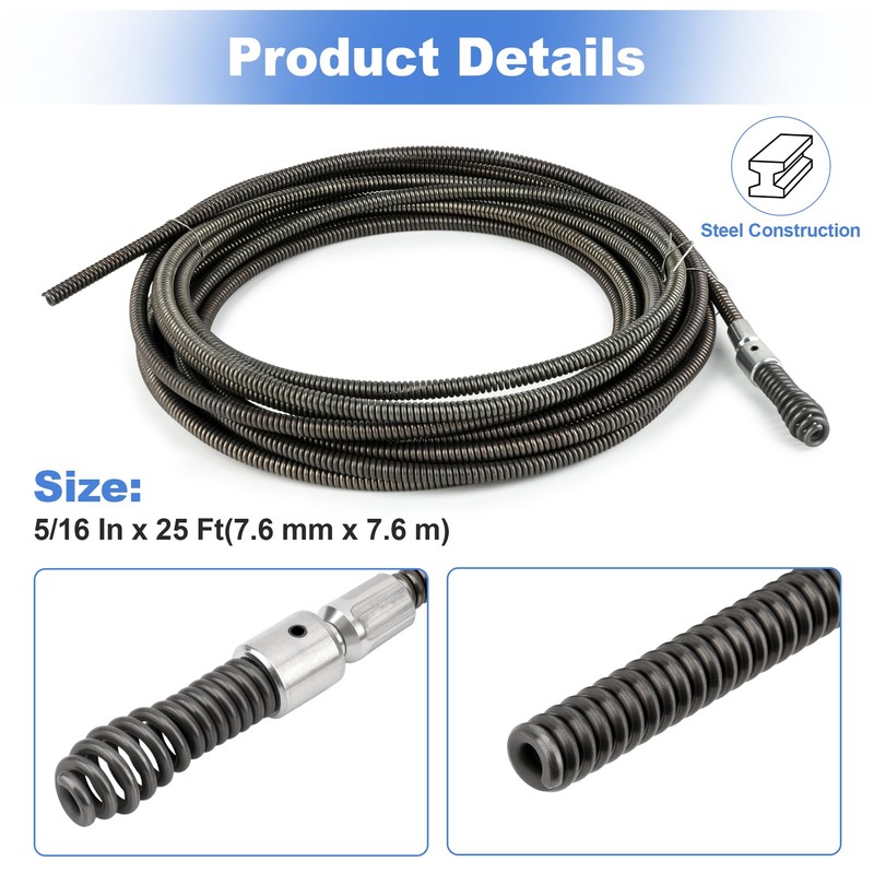 Drain Cleaning Cable, 5/16 In. x 25 ft.Replace 62235,Compatible with