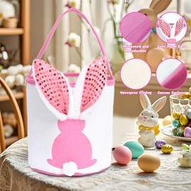 4PCS Easter Bunny Baskets Empty with Lights, Large Easter Egg Hunt Baskets for Kids, Canvas Easter Basket Candy Tote Bags with Handles, Carrying Favor Eggs Hunt Bag Candy Egg Basket for Gift Sets