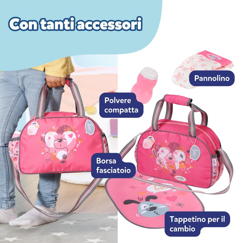 BABY born Borsa per pannolini rosa/grigia per bambole – Include