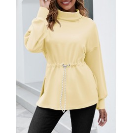 Doshoop Women's Turtleneck Sweatshirts Long Sleeve Pullover Tops Side Slit Tunic Shirts with Drawstring Waist Beige