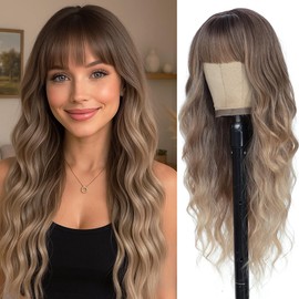 Long Blonde Wigs with Bangs 26Inch Wavy Curly Hair for Women Tangle Free Soft Natural Looking Premium Heat Resistant Protein Fiber Daily Party Use