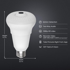 Feit Electric Smart Rotating Light Bulb with Wireless Camera, Motion Sensor, Night Vision, and 2-Way Speaker, 40W Equivalent, E26 Base, 5000K Daylight, 15,000-Hour Lifetime, A450/850/CAMWIFI/LED