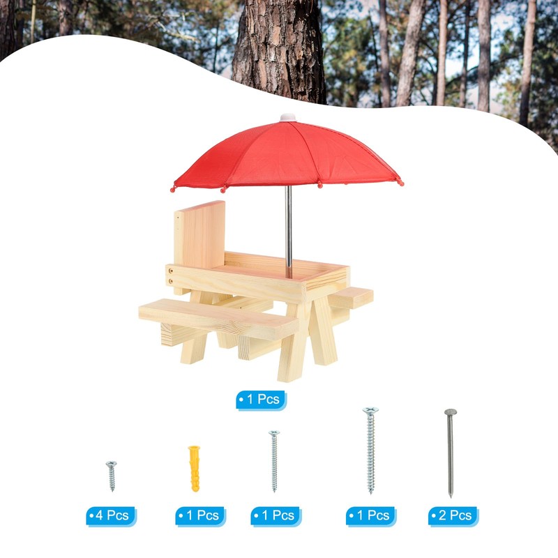 PATIKIL Squirrel Feeder Picnic Table with Red Umbrella 7x8x11inch, Wooden