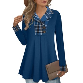 GUUKA Ladies Casual Long Sleeve V Neck Swing Tunic Tops Loose Pleated Pullover Sweatshirt Longline Autumn Jumpers Sweater for Women UK(Black Blue,2XL)