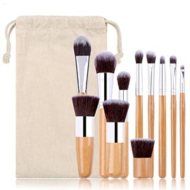 MIST JEWEL | Set Brochas de maquillaje bambu orgánicas estilo Kabuki ecologicas para maquillaje profesional kit (makeup brush set) | Aplica Polvos, Base, Blush en cara y ojos 11pcs (Bambú)