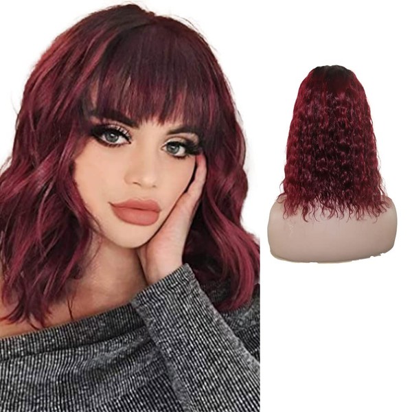 JcziJcx Real Hair Wig, Short Ombre Wig, Lace Front Wig, Human Hair Wig, Bob 4x4 Lace Closure Wig, Red Wig, 1B99J Real Hair Wig, 1B/99J, Body Wave, Glueless Wig, Human Hair, Brazilian Hair, 8 Inches (2