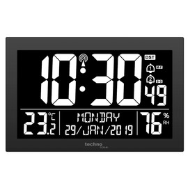 Technoline WS 8017 Radio-Controlled Wall Clock/Table Clock with Temperature, Air Humidity, Date, Day, 2 Alarm Times, 225 x 143 x 24 mm, Black