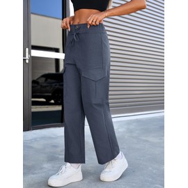 Cicy Bell Womens Cotton Cargo Pants Low Rise Drawstring Waist Wide Leg Casual Hiking Pants with Multiple Pockets Navy