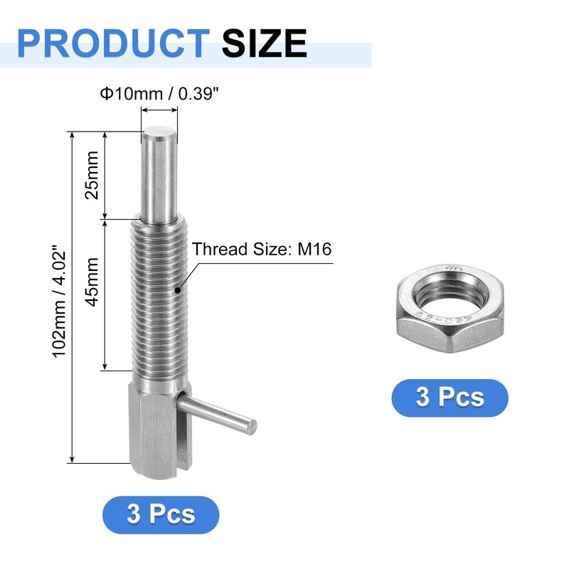 sourcing map 3Pcs Retractable Indexing Plunger Pin, M16 l Spring