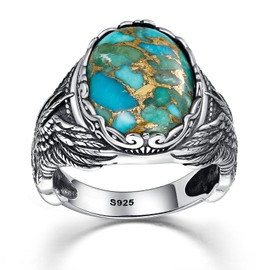 Yaresul Oval Men Turquoise Ring Vintage 925 Sterling Silver Eagle Mens Wings Ring Turkish Ring for Men Statement Thumb Pinky Ring Oxidized Bezel Setting Turquoise Ring for Men Fashion Ring Size 11