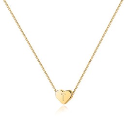 PAVOI 14K Yellow Gold Plated Mini Dainty Heart Initial Necklace | Slider Adjustable Necklace - 18" | Letter Necklaces for Women | T Initial
