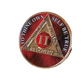 2 Year AA Medallion Lava Red Tri-Plate Sobriety Chip Serenity Prayer Back