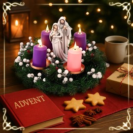 6 Pcs LED Flameless Advent Candle Set Christmas Advent Candles Wreath Holder with Christ Jesus Statue Purple Pink White Battery Operated for Christmas Church Decoration(Green,Short)