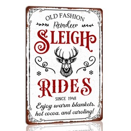 Old Fashioned Reindeer Sleigh Rides Christmas Metal Tin Sign Christmas Decor Wall Art for Home Cafe Kitchen Farmhouse Winter Retro Wall Decor Plaque 8x12 Inch