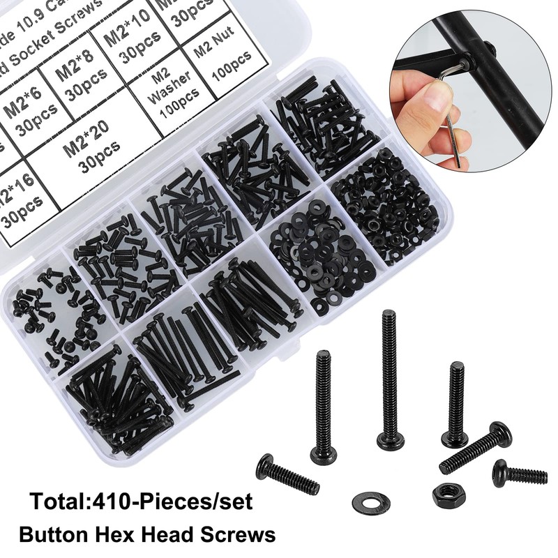 FandWay 410Pcs M2 Button Head Hex Socket Screws,10.9 Grade Alloy