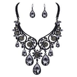BriLove Women's Tribal Ethnic Crystal Chunky Statement Necklace Dangle Earrings Set Grey Black-Silver-Tone