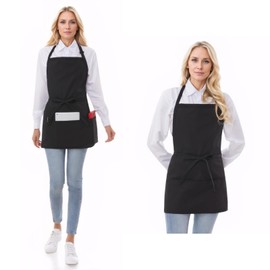 Waterproof Aprons for Women with 3 Large Pockets, Short Kitchen Apron for Men Cooking BBQ Grilling, Syzornk Adjustable Bib Apron with Ultra-Long Belt, Black 2 Pack
