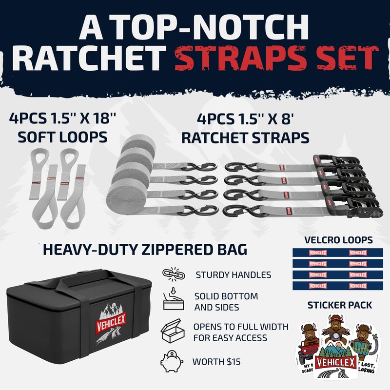 Vehiclex Motorcycle Ratchet Tie Down Straps with Soft Loops -